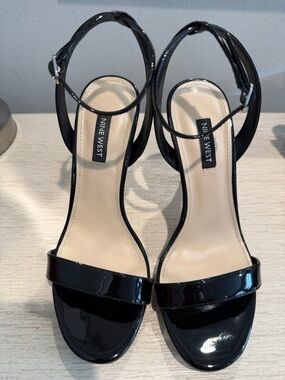 Nine West Black Patent Open-Toe Ankle-Strap Heels